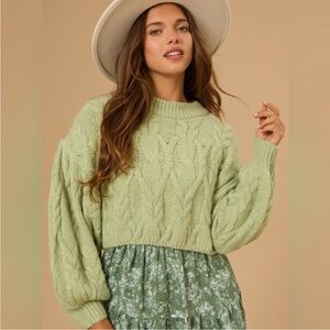 Altar'd State Capri Sage Green Cropped Cable Knit Sweater Puff Sleeves Sz XS